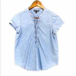 Express Blue Chambray Lace Up Lyocell Short Sleeve Blouse